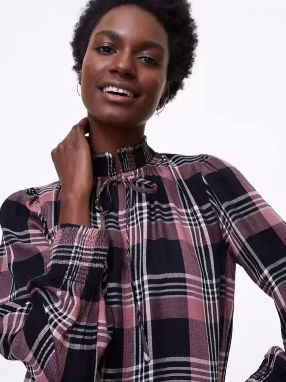 NWOT LOFT Pink and Black Plaid Smocked-Neck Tunic